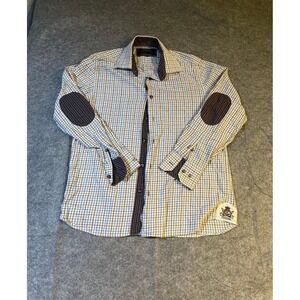 Coogi Luxe Mens Plaid Button Down Shirt Blue Brown Elbow Patches Large L